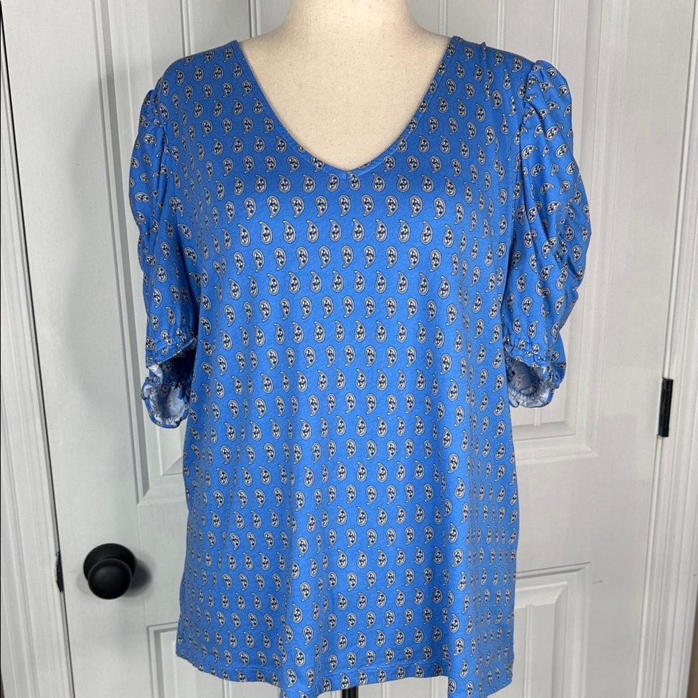 Loft Paisley Ruffle Cinched Sleeve V-Neck Top Size XXL 100% Cotton